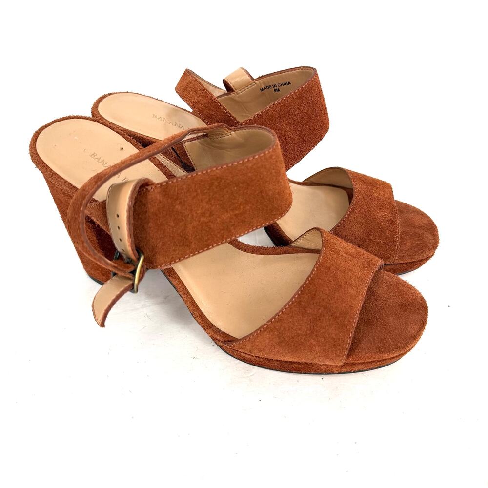 Banana Republic Cognac Brown Suede Block Heel Sandals Ankle Strap Women's 8